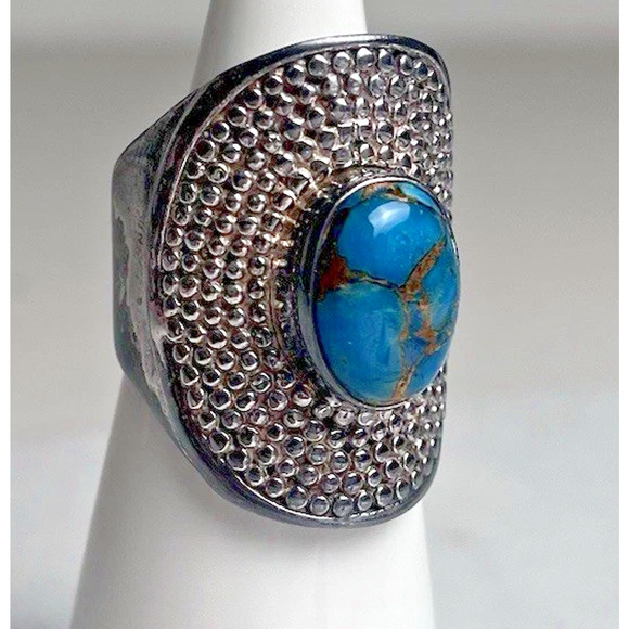 Vintage 925 Sterling Silver Statement Ring Designer Turquoise Matrix Size 9.25 - Picture 1 of 16